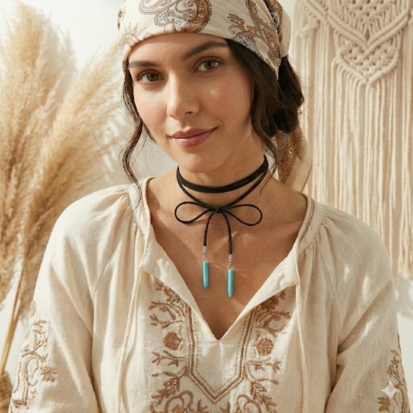 Boho Black Suede Turquoise Wrap Choker Necklace 66" Long Western Lariat Cowgirl - Picture 12 of 15